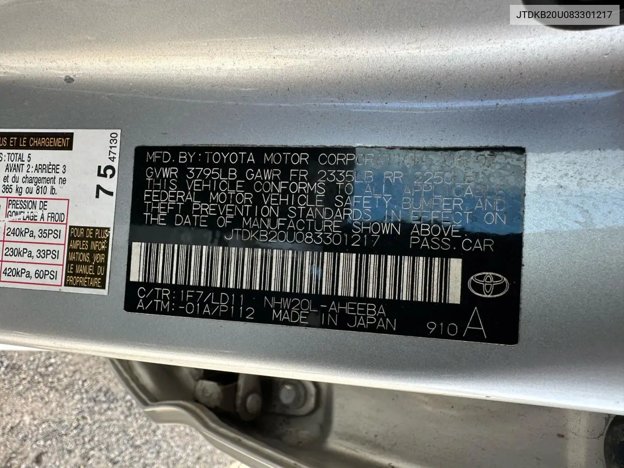 JTDKB20U083301217 2008 Toyota Prius