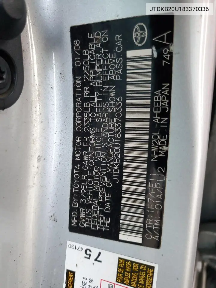 JTDKB20U183370336 2008 Toyota Prius