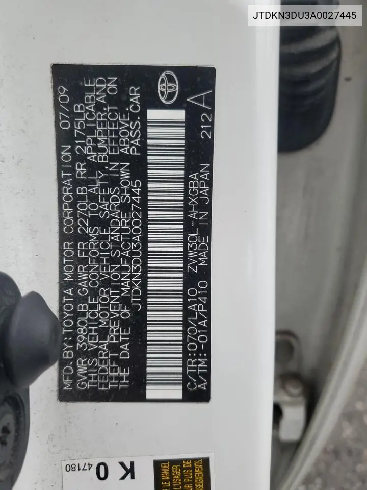 JTDKN3DU3A0027445 2010 Toyota Prius