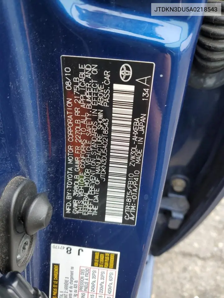 JTDKN3DU5A0218543 2010 Toyota Prius