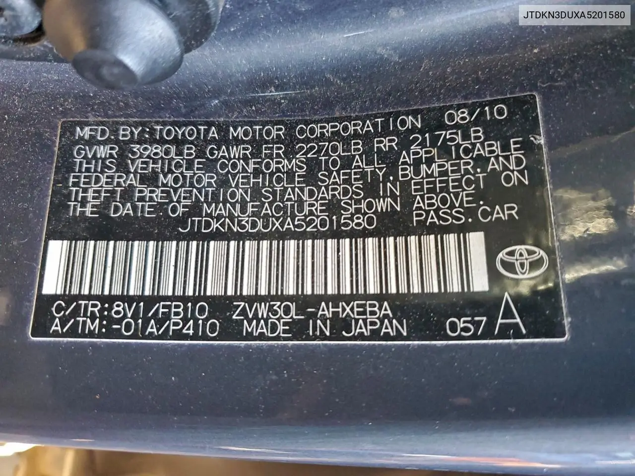JTDKN3DUXA5201580 2010 Toyota Prius