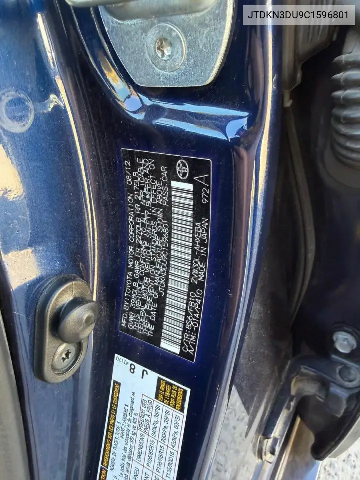 JTDKN3DU9C1596801 2012 Toyota Prius