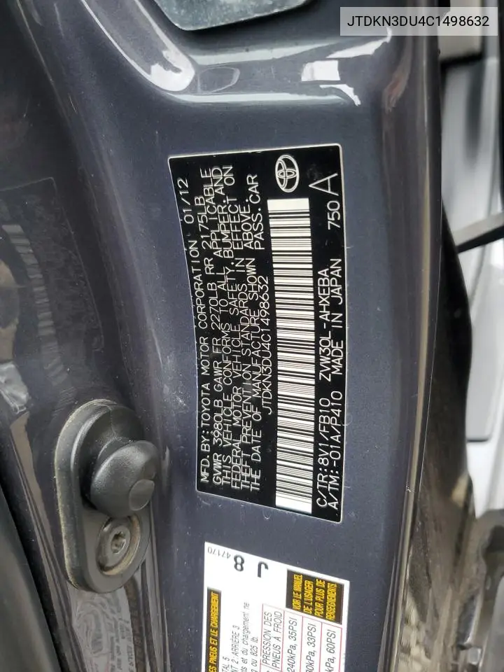 JTDKN3DU4C1498632 2012 Toyota Prius