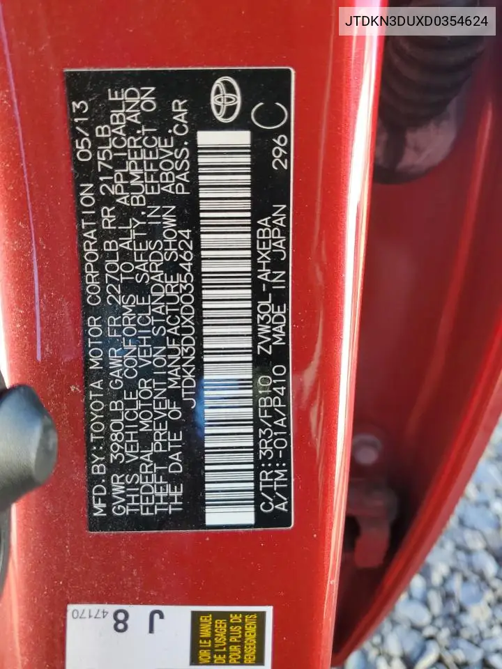 JTDKN3DUXD0354624 2013 Toyota Prius