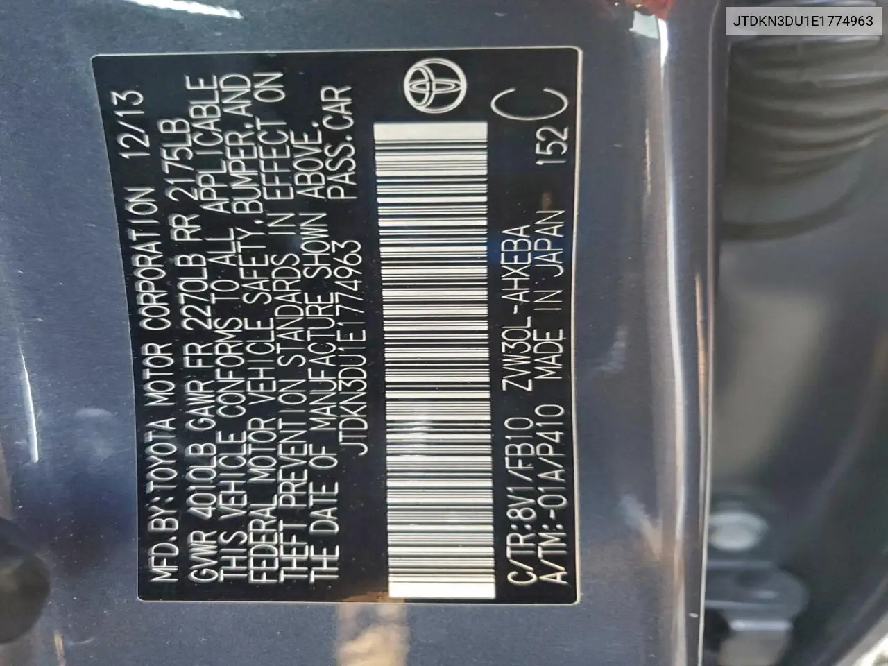 JTDKN3DU1E1774963 2014 Toyota Prius