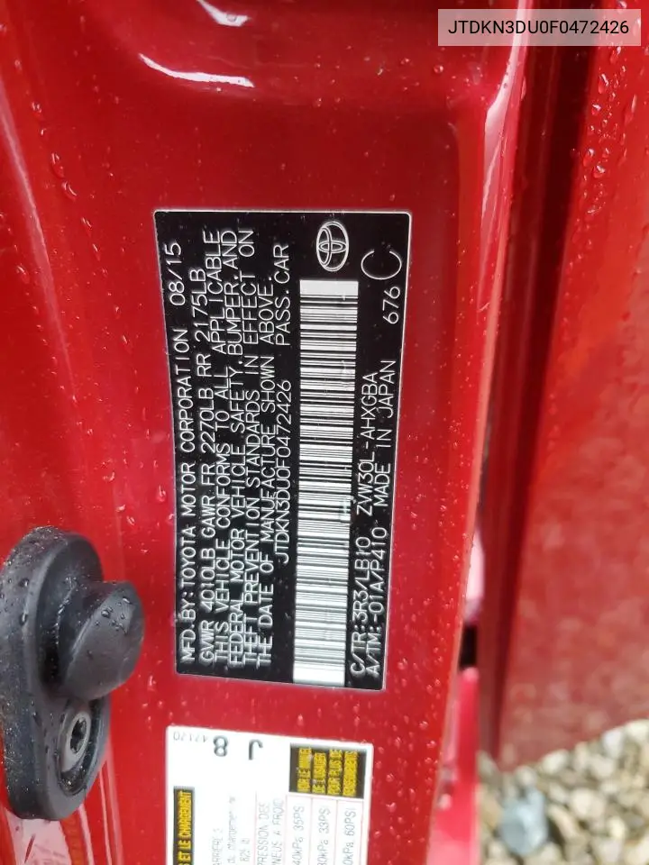 JTDKN3DU0F0472426 2015 Toyota Prius