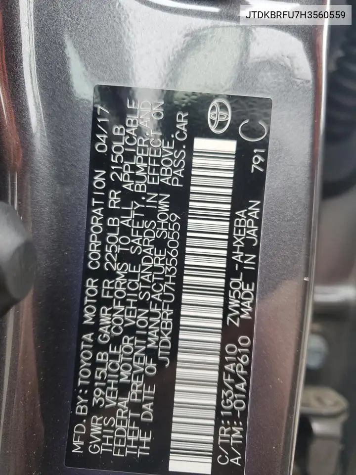 JTDKBRFU7H3560559 2017 Toyota Prius