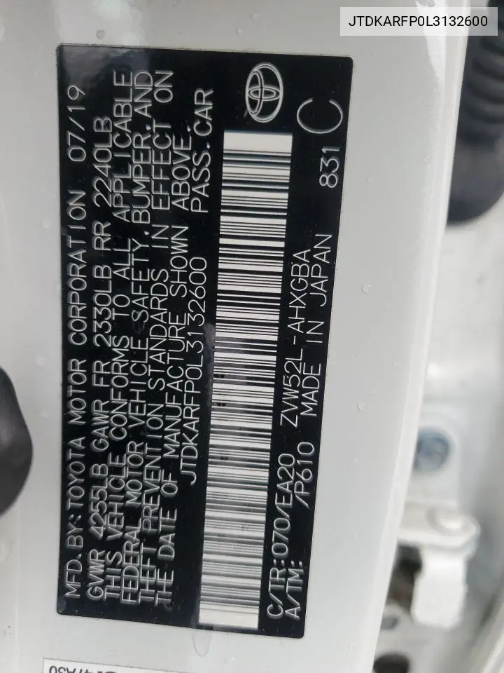 JTDKARFP0L3132600 2020 Toyota Prius Prime Le