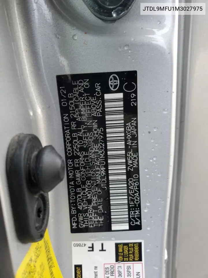JTDL9MFU1M3027975 2021 Toyota Prius Le