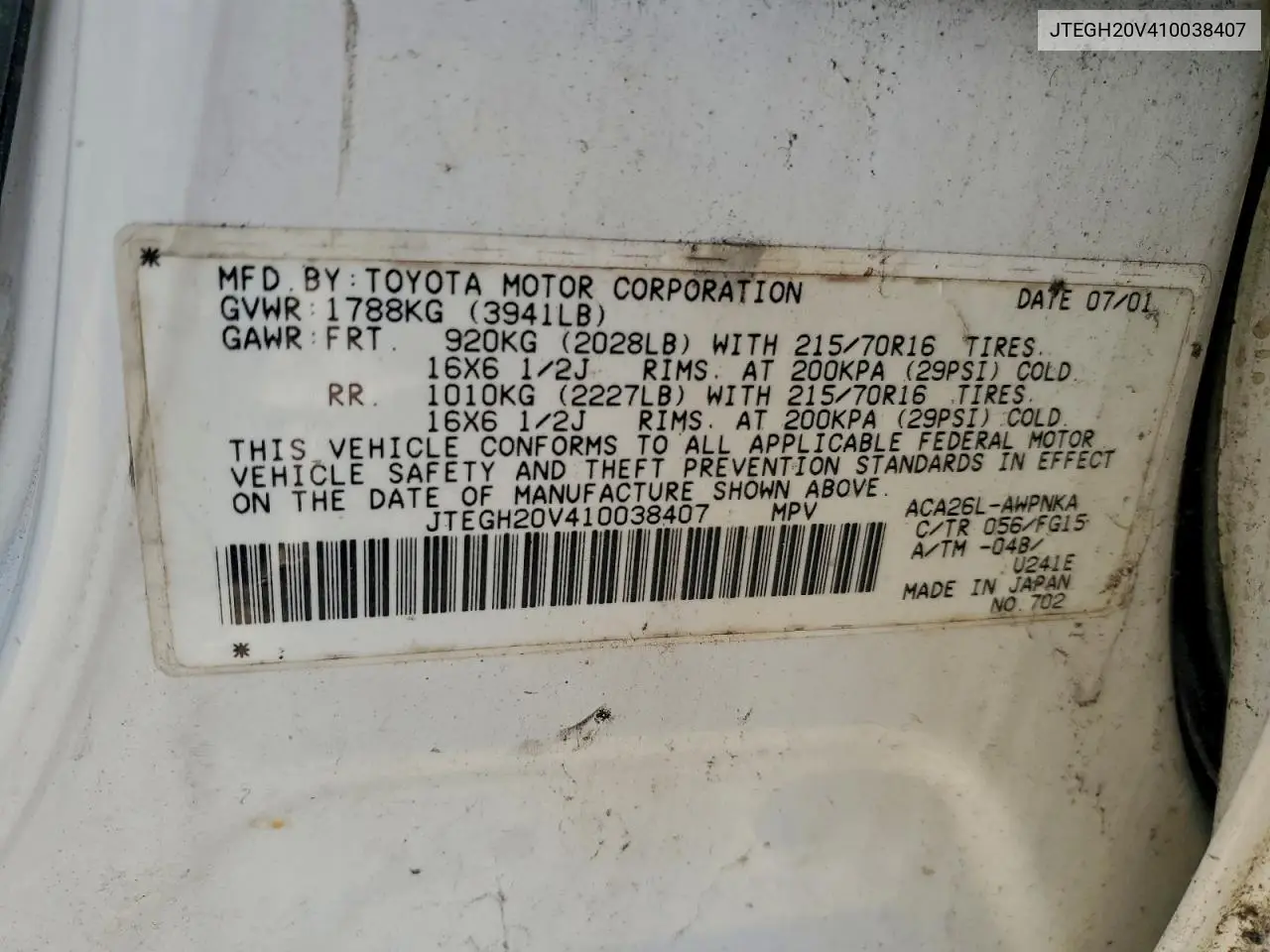 JTEGH20V410038407 2001 Toyota Rav4