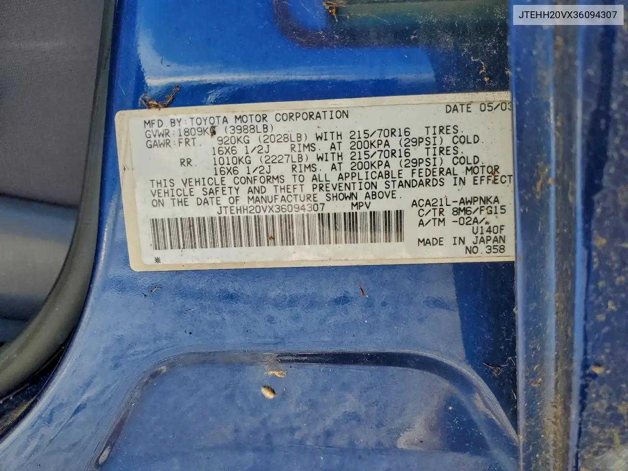 JTEHH20VX36094307 2003 Toyota Rav4