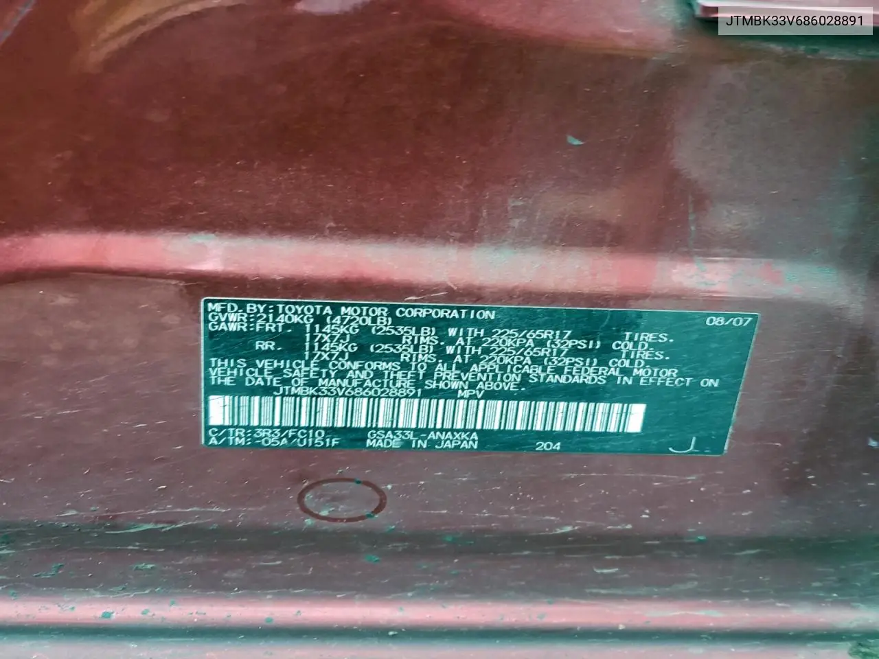 JTMBK33V686028891 2008 Toyota Rav4