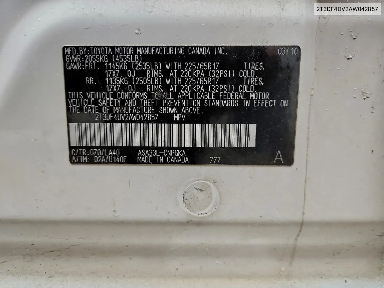 2T3DF4DV2AW042857 2010 Toyota Rav4 Limited