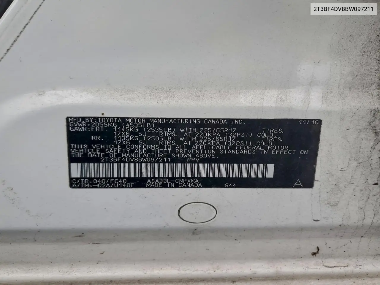 2T3BF4DV8BW097211 2011 Toyota Rav4