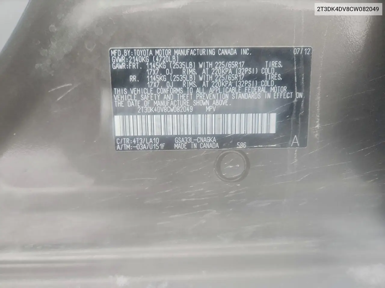 2T3DK4DV8CW082049 2012 Toyota Rav4 Limited