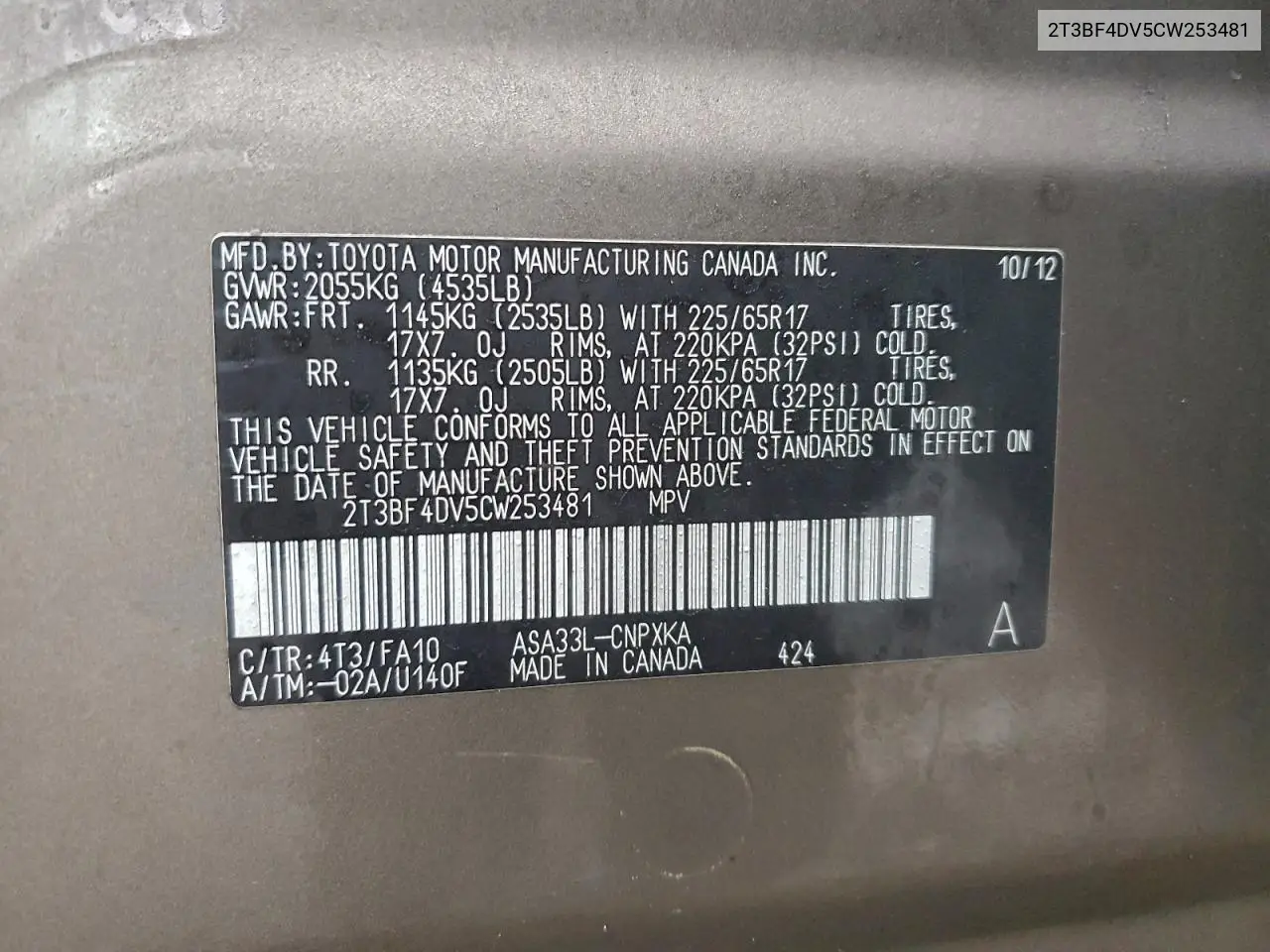 2T3BF4DV5CW253481 2012 Toyota Rav4