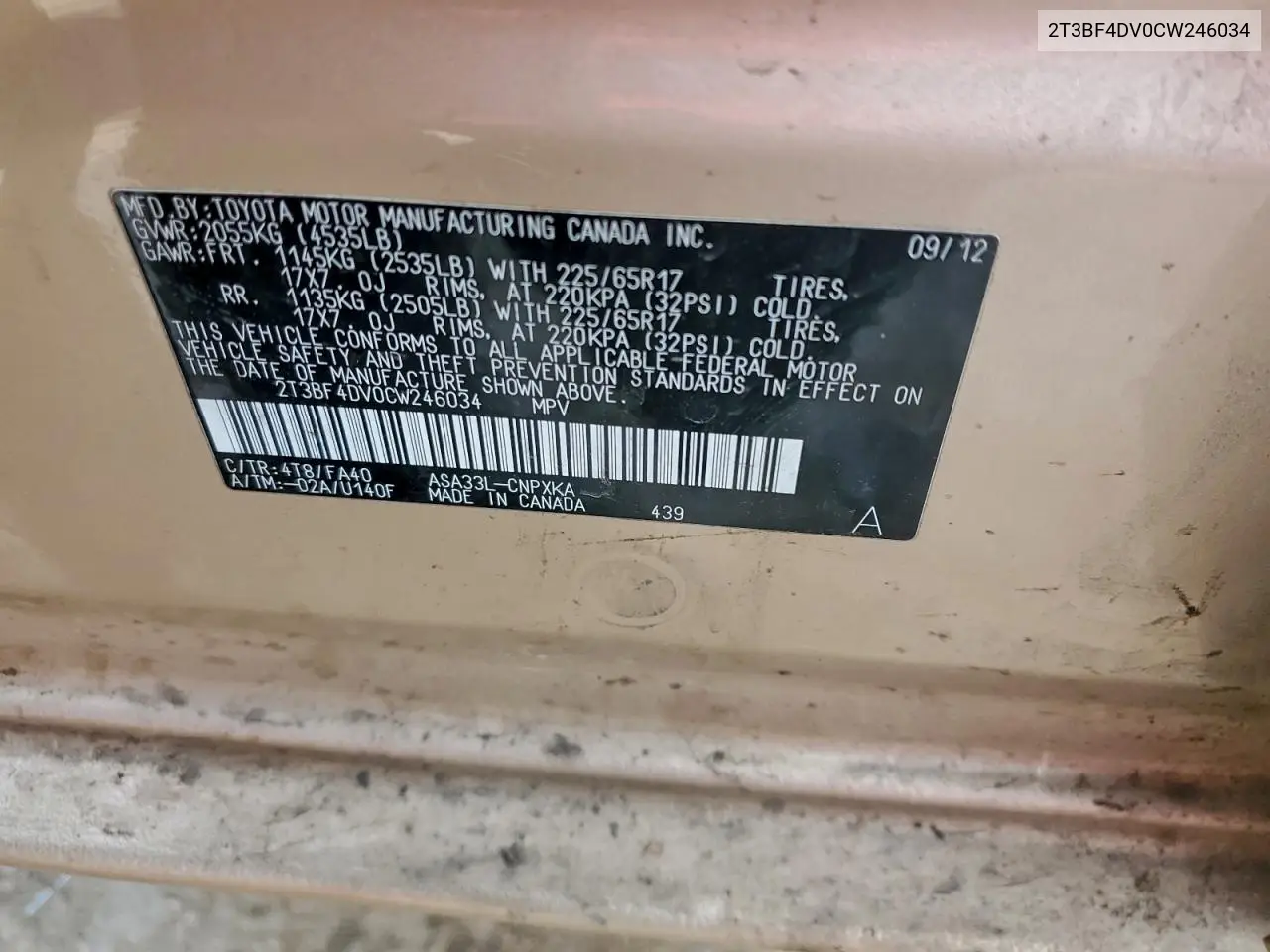 2T3BF4DV0CW246034 2012 Toyota Rav4