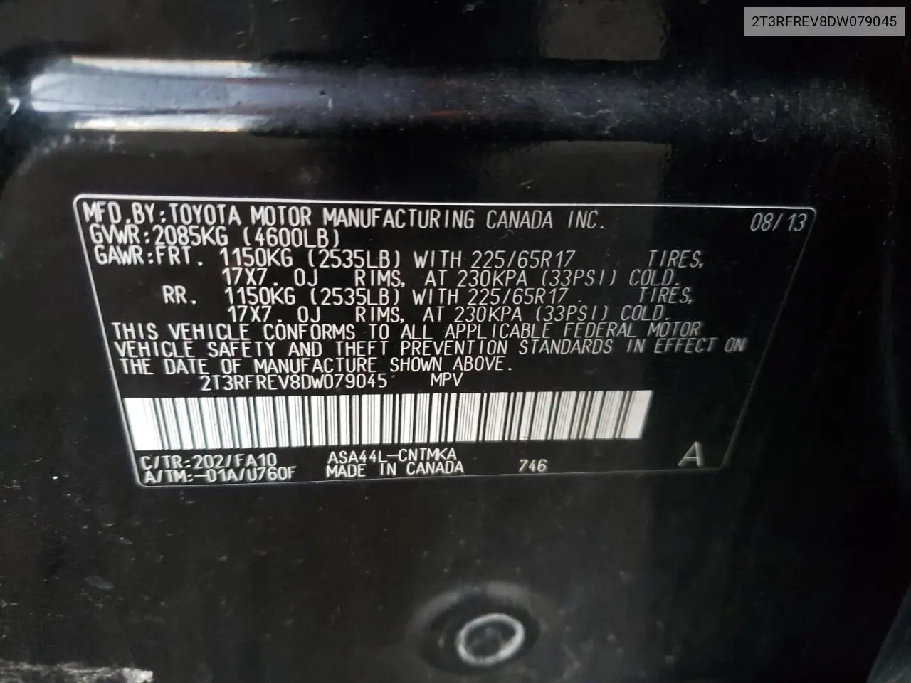 2T3RFREV8DW079045 2013 Toyota Rav4 Xle