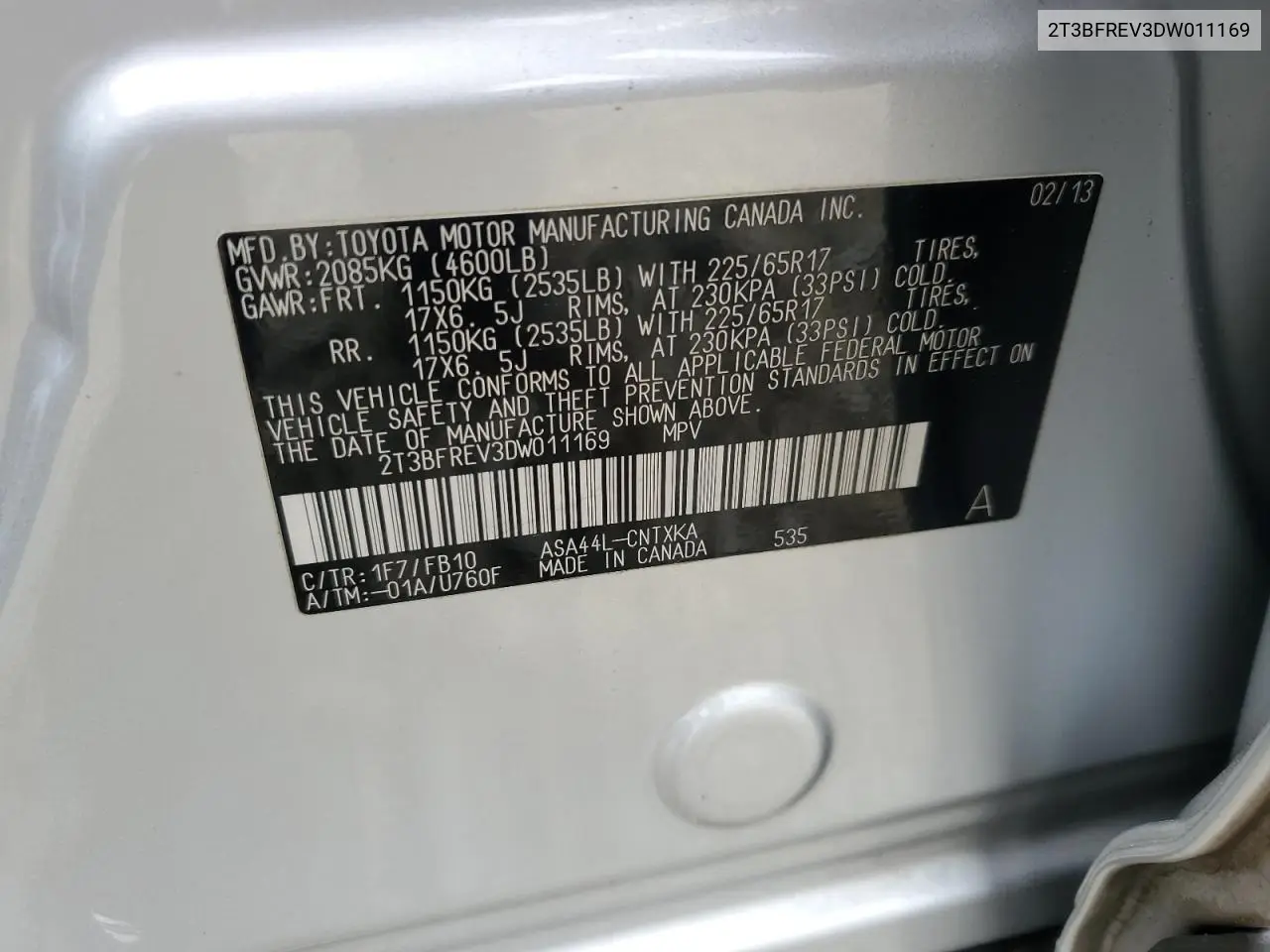 2T3BFREV3DW011169 2013 Toyota Rav4 Le