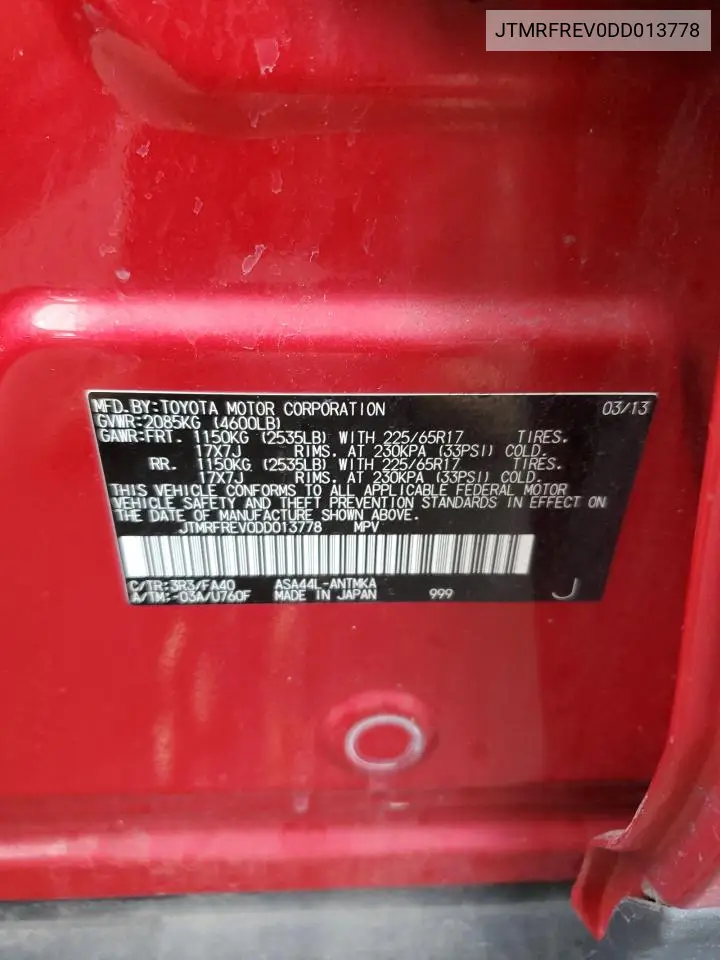 JTMRFREV0DD013778 2013 Toyota Rav4 Xle