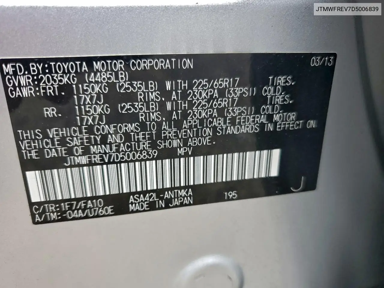 JTMWFREV7D5006839 2013 Toyota Rav4 Xle