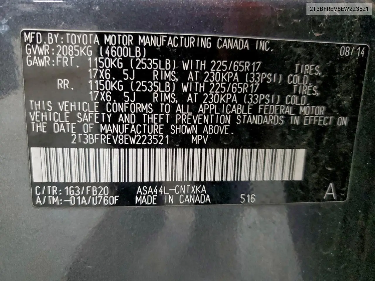 2T3BFREV8EW223521 2014 Toyota Rav4 Le