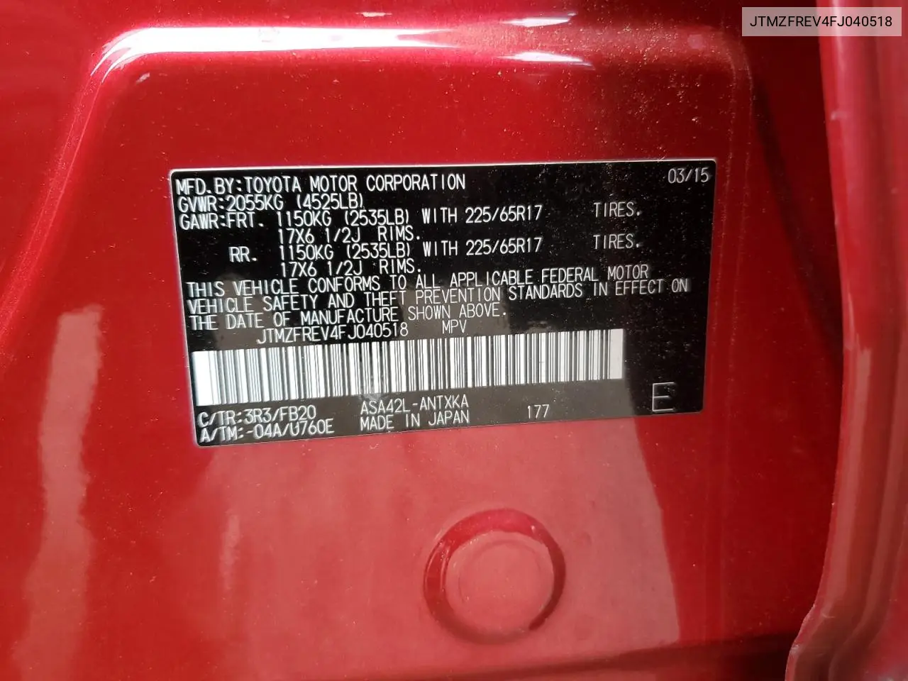 JTMZFREV4FJ040518 2015 Toyota Rav4 Le