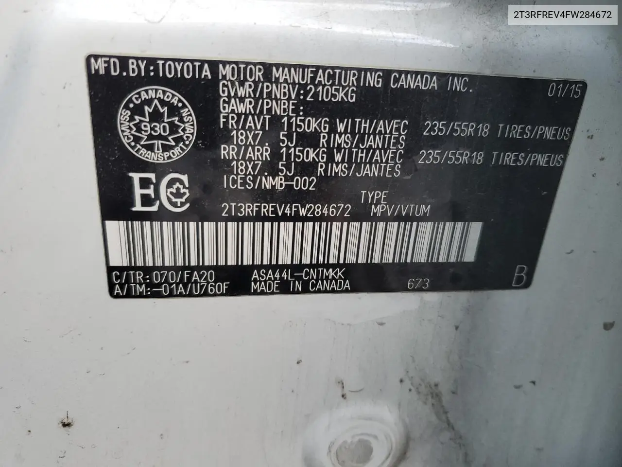 2T3RFREV4FW284672 2015 Toyota Rav4 Xle