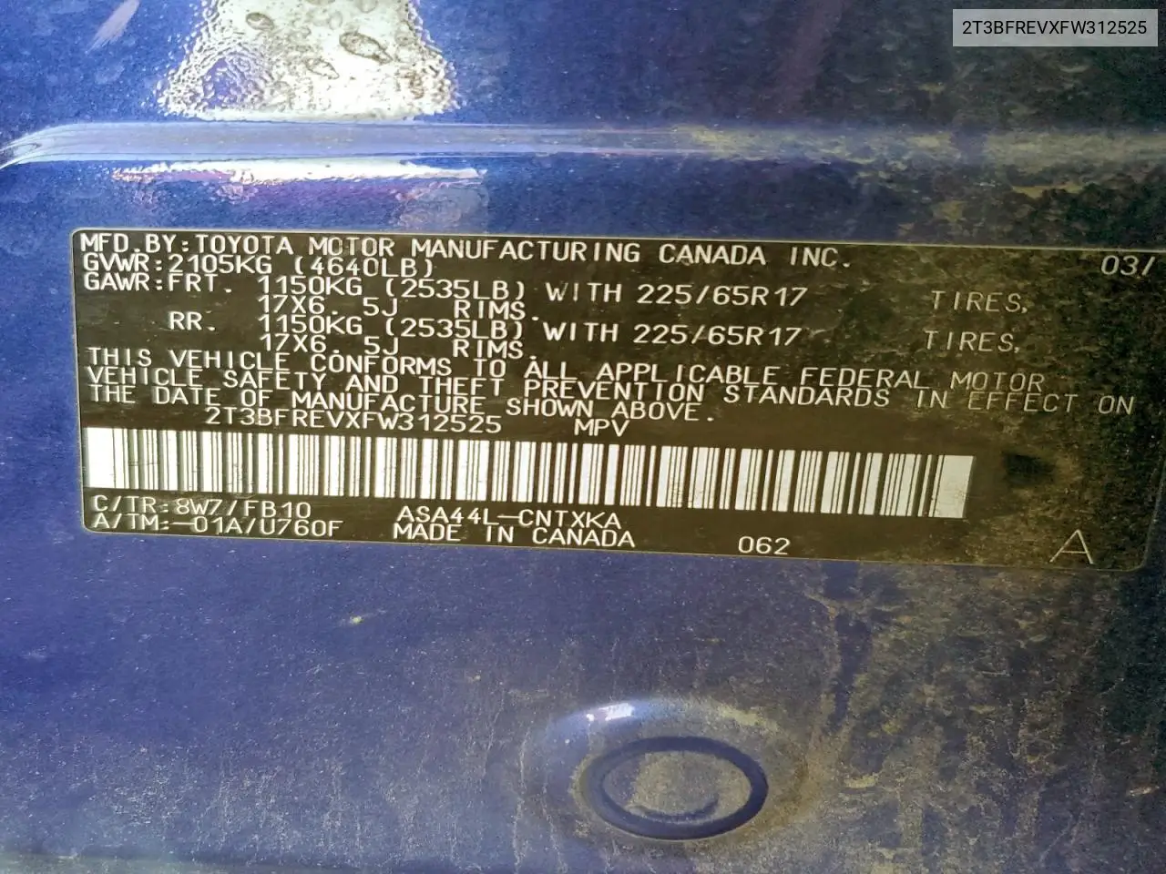 2T3BFREVXFW312525 2015 Toyota Rav4 Le