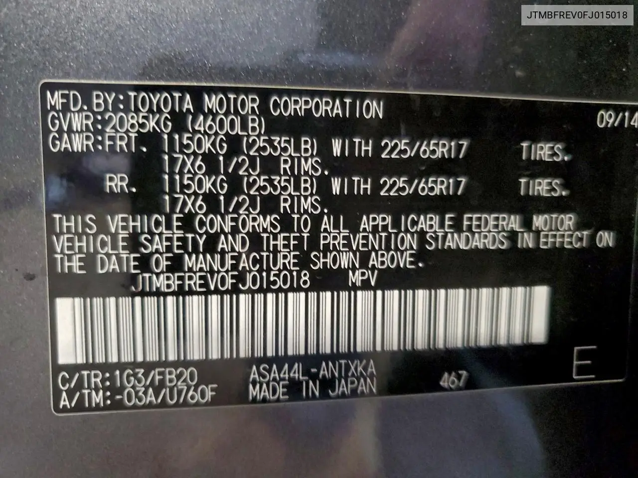 JTMBFREV0FJ015018 2015 Toyota Rav4 Le
