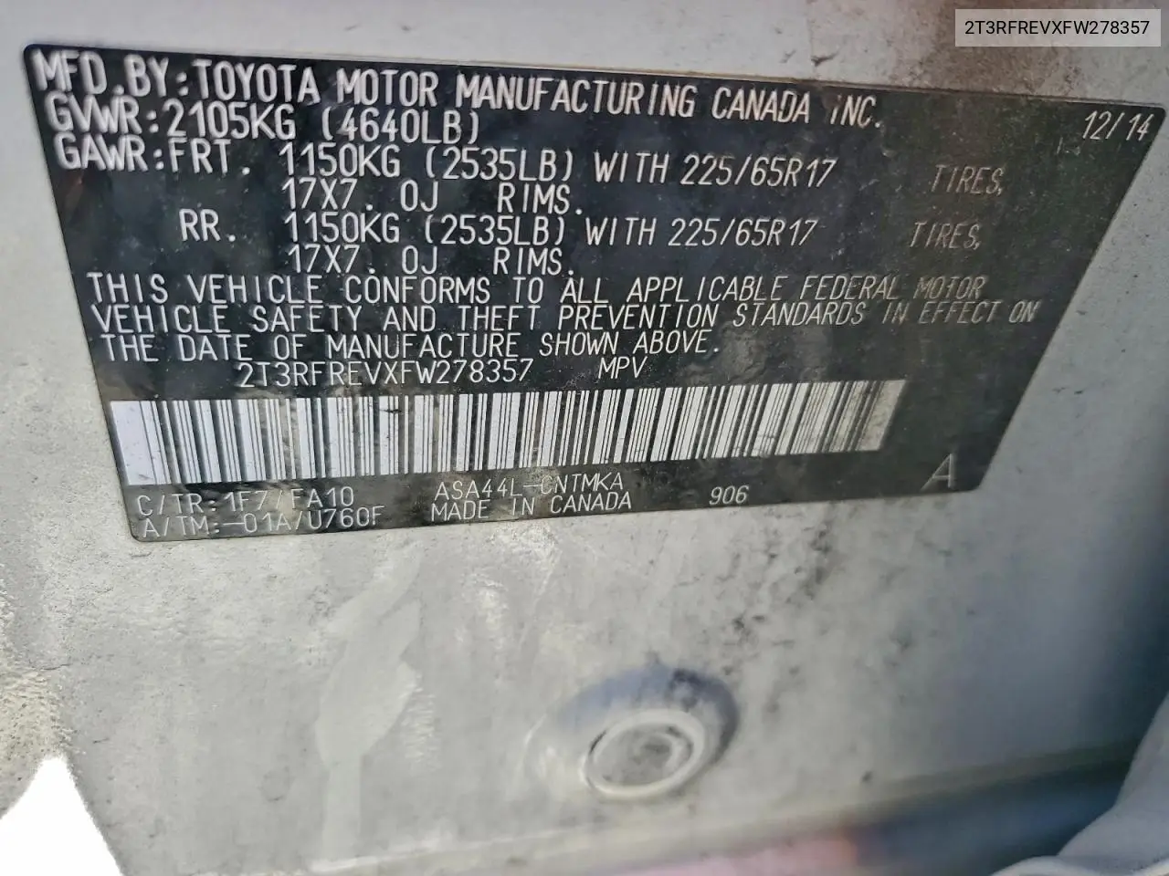2T3RFREVXFW278357 2015 Toyota Rav4 Xle