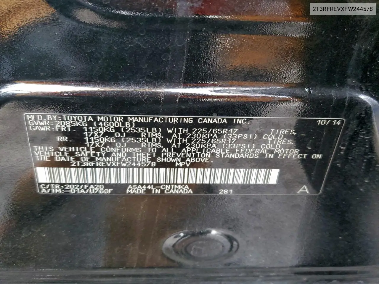 2T3RFREVXFW244578 2015 Toyota Rav4 Xle