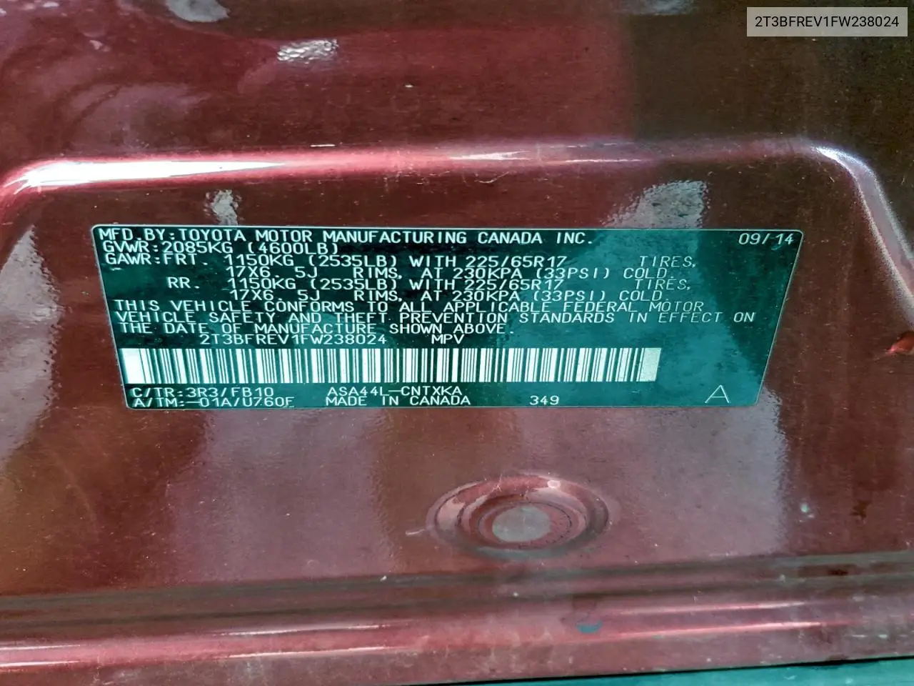 2T3BFREV1FW238024 2015 Toyota Rav4 Le