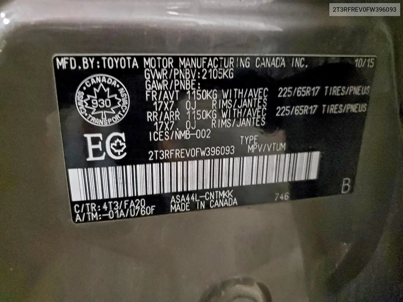 2T3RFREV0FW396093 2015 Toyota Rav4 Xle
