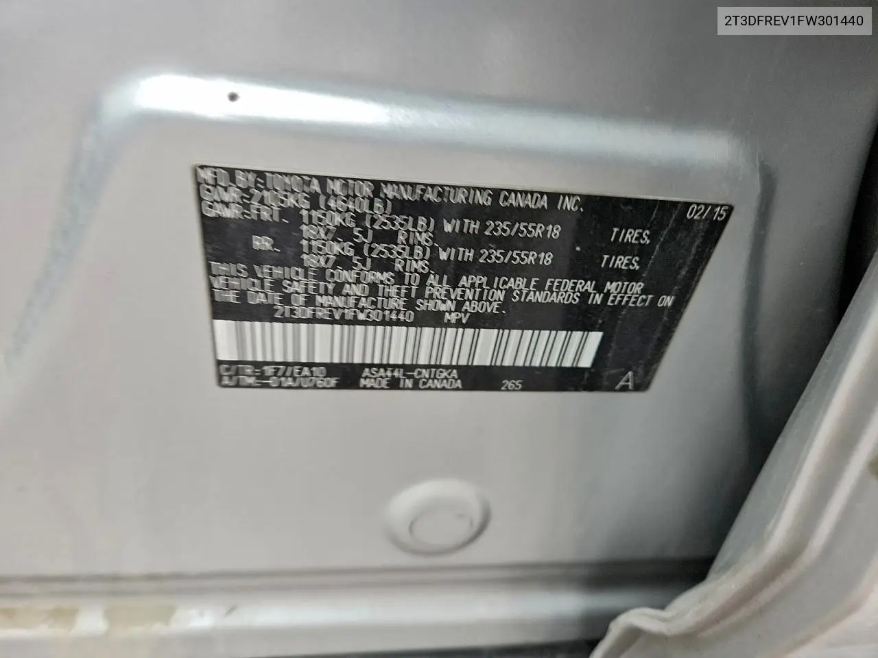 2T3DFREV1FW301440 2015 Toyota Rav4 Limited