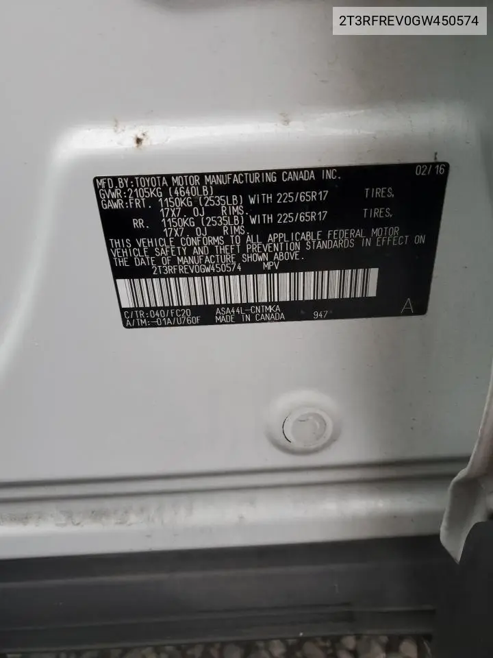 2T3RFREV0GW450574 2016 Toyota Rav4 Xle