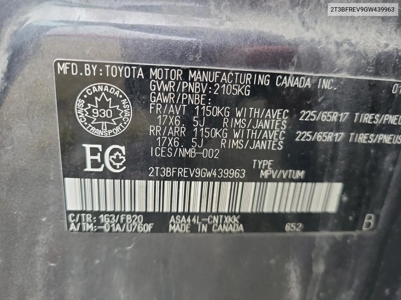 2T3BFREV9GW439963 2016 Toyota Rav4 Le
