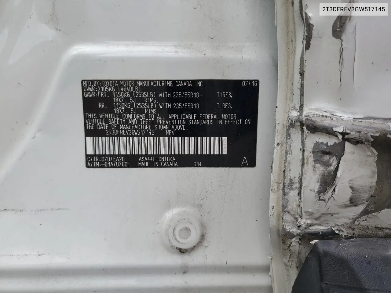 2T3DFREV3GW517145 2016 Toyota Rav4 Limited