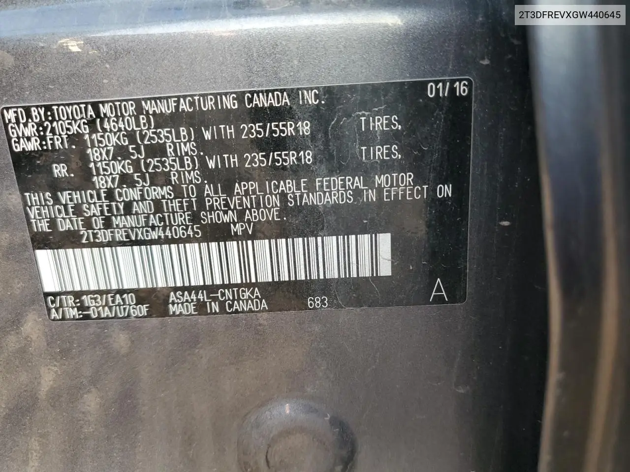 2T3DFREVXGW440645 2016 Toyota Rav4 Limited