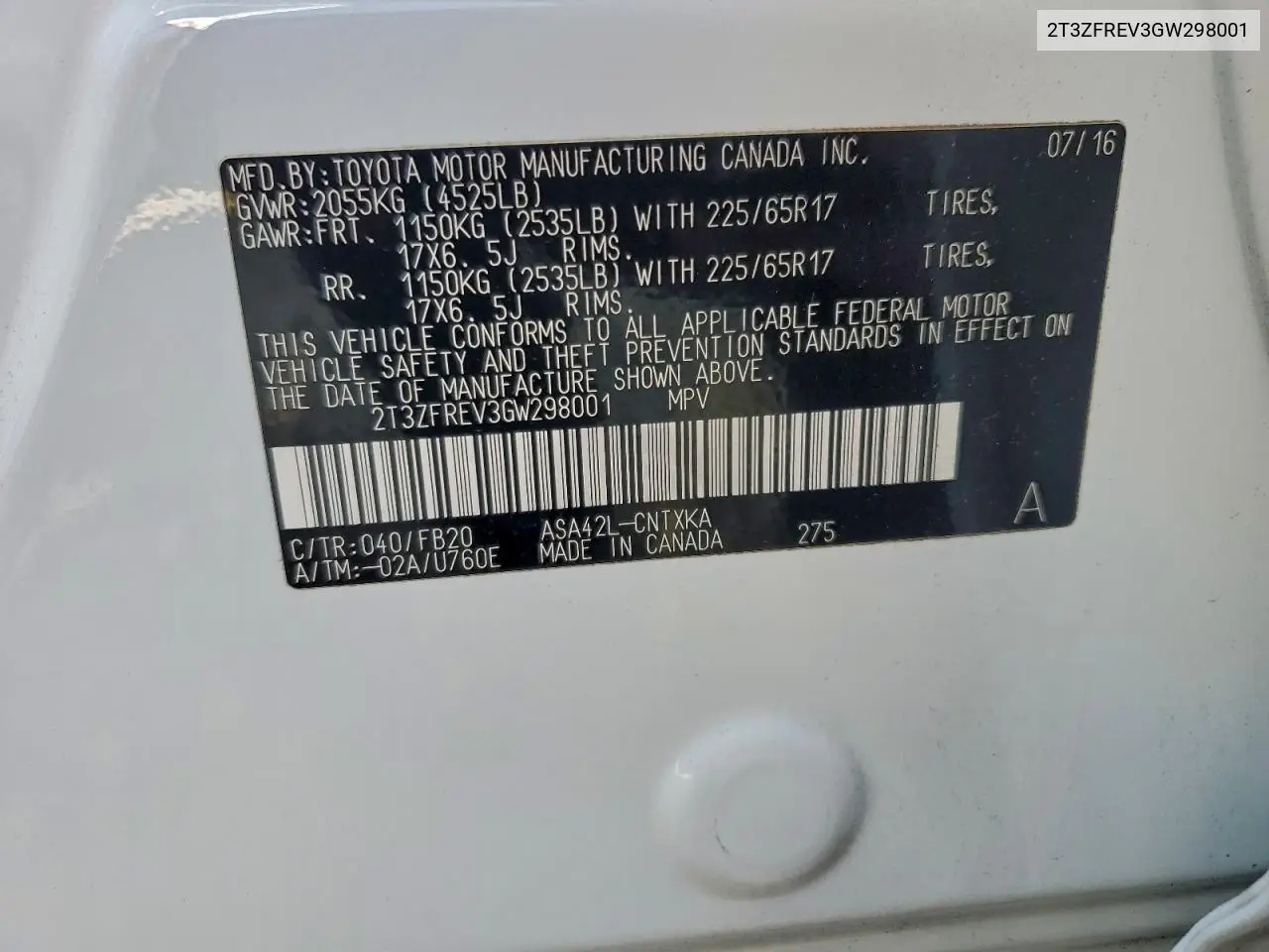 2T3ZFREV3GW298001 2016 Toyota Rav4 Le