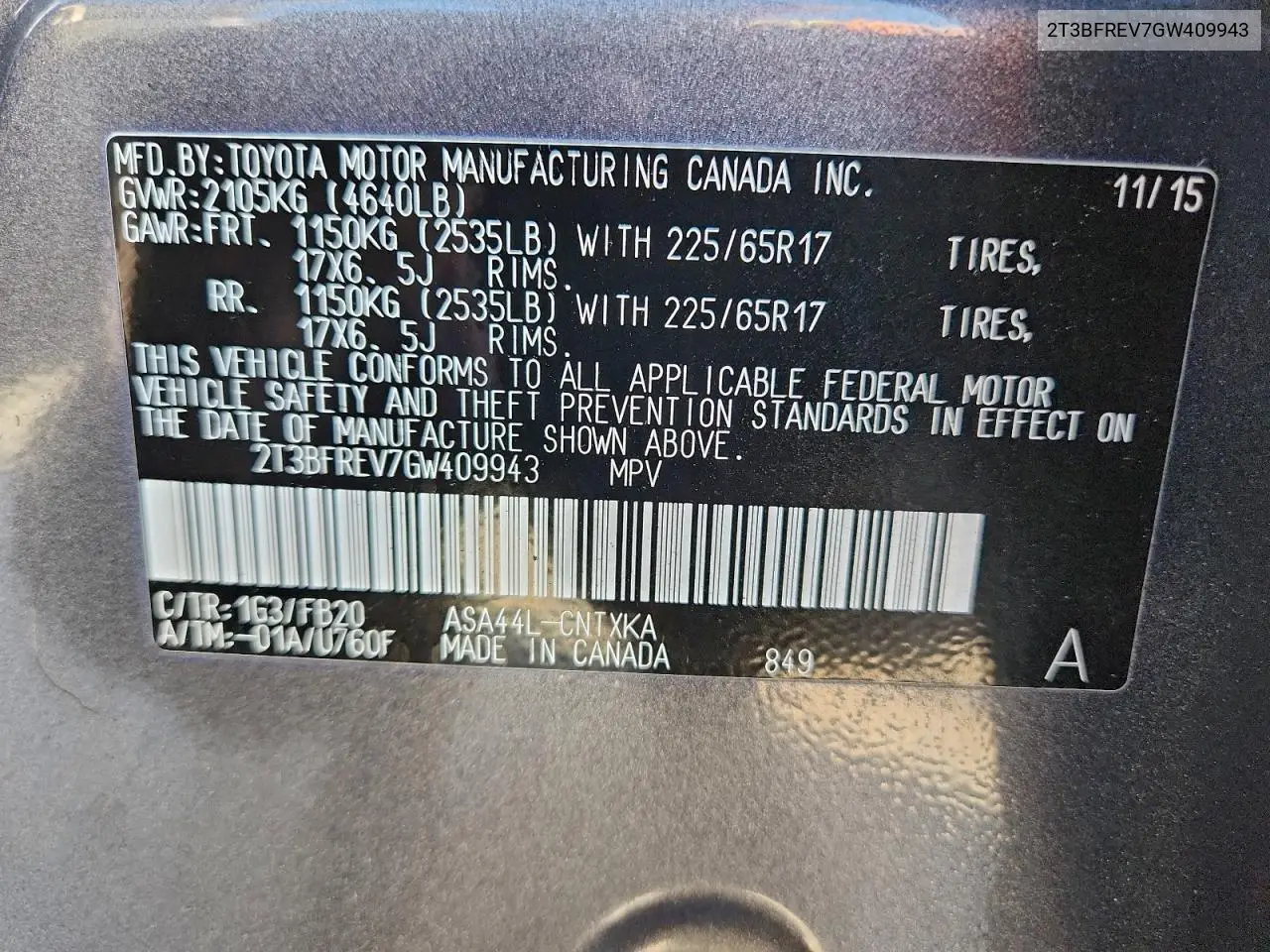 2T3BFREV7GW409943 2016 Toyota Rav4 Le