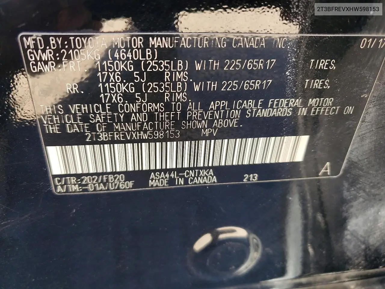 2T3BFREVXHW598153 2017 Toyota Rav4 Le