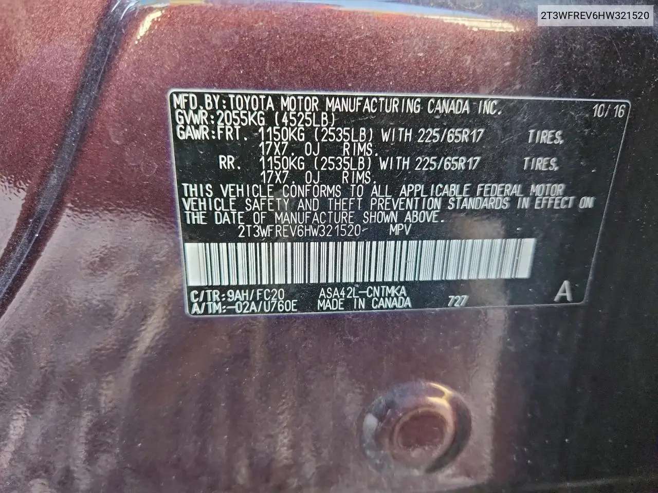 2T3WFREV6HW321520 2017 Toyota Rav4 Xle