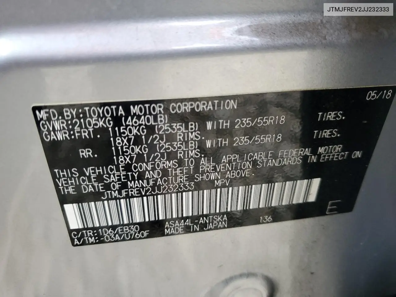 JTMJFREV2JJ232333 2018 Toyota Rav4 Se