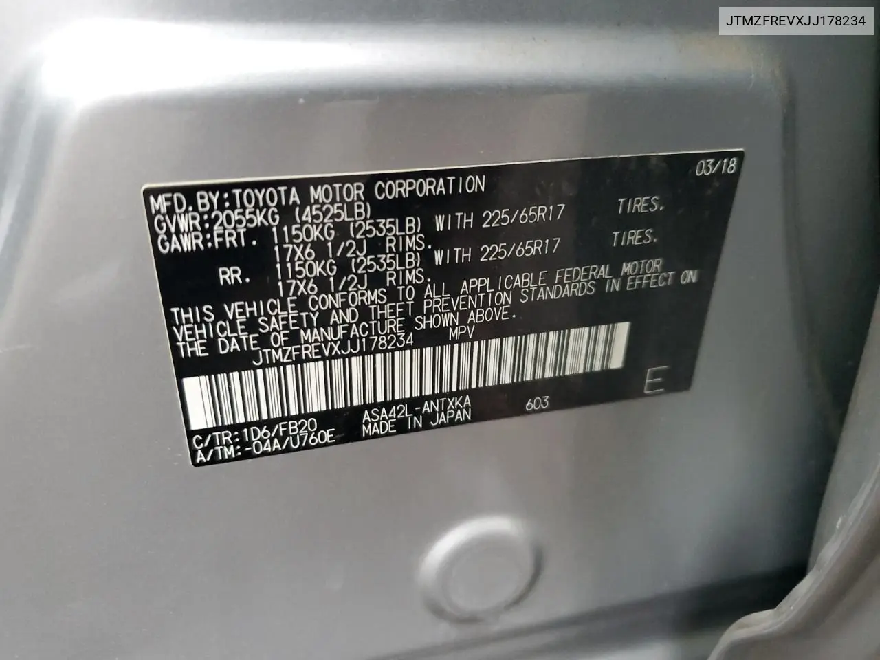 JTMZFREVXJJ178234 2018 Toyota Rav4 Le