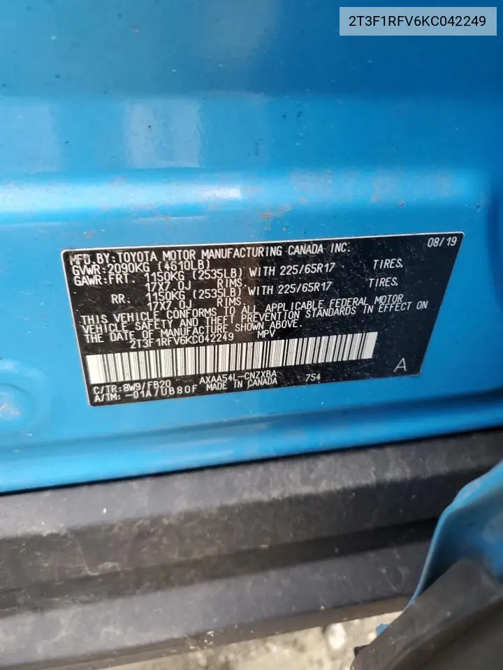 2T3F1RFV6KC042249 2019 Toyota Rav4 Le