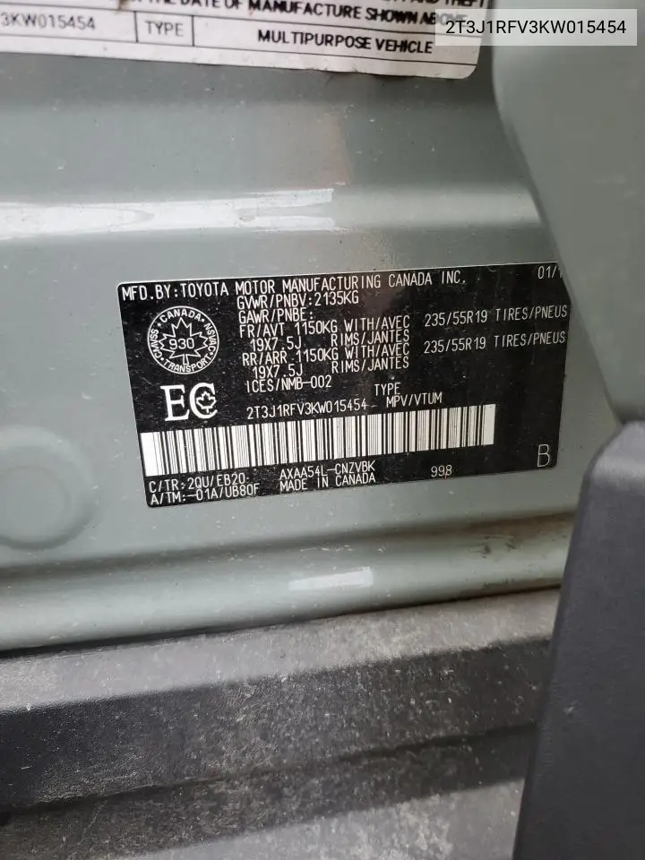 2T3J1RFV3KW015454 2019 Toyota Rav4 Adventure