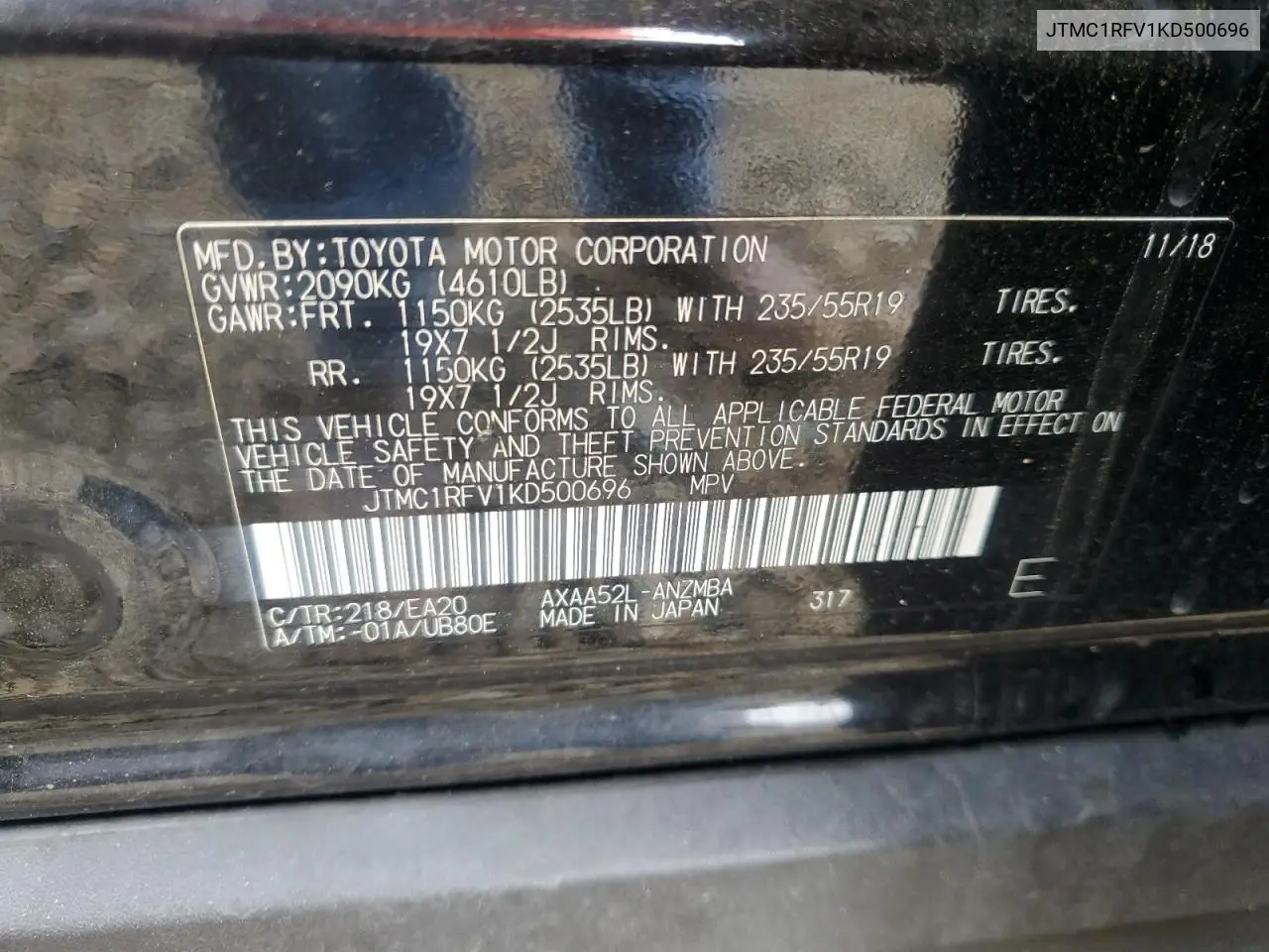 JTMC1RFV1KD500696 2019 Toyota Rav4 Xle Premium