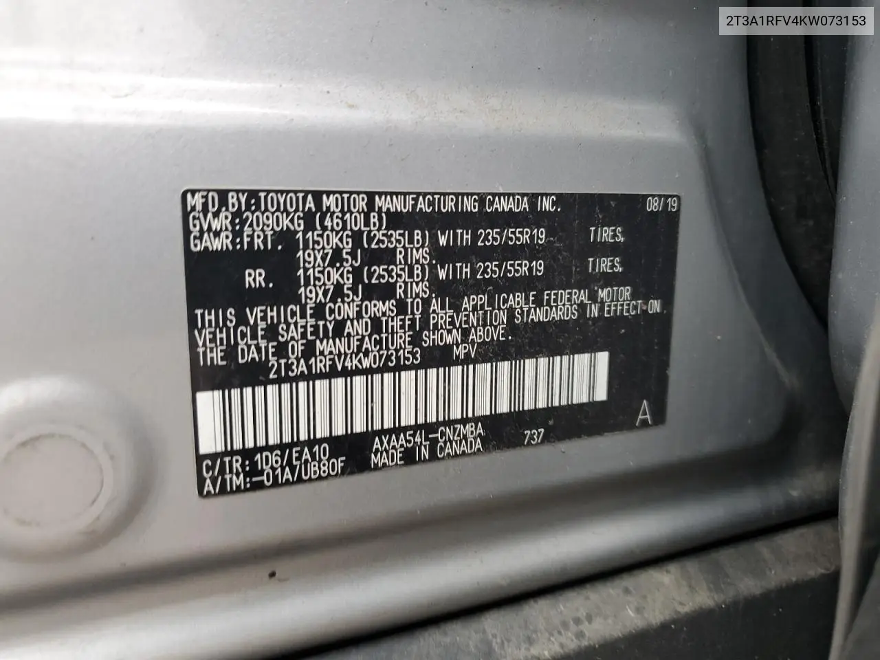 2T3A1RFV4KW073153 2019 Toyota Rav4 Xle Premium
