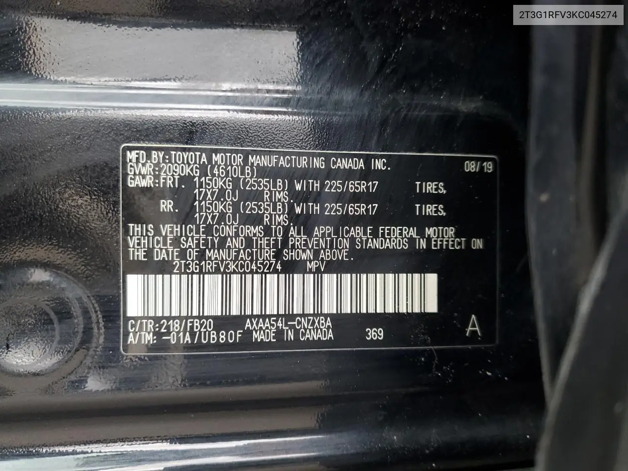 2T3G1RFV3KC045274 2019 Toyota Rav4 Le